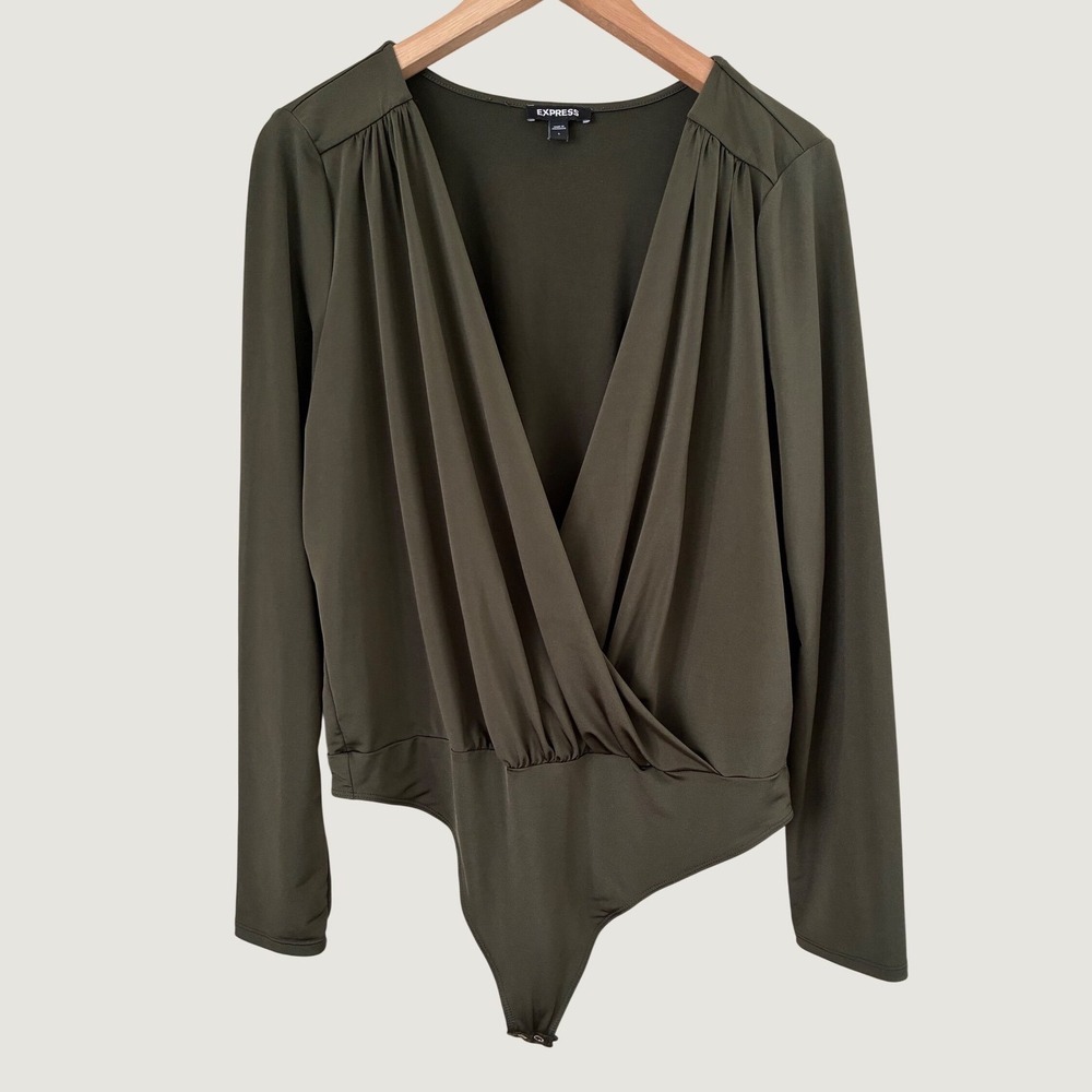 Express Olive Green Surplice V-Neck Long Sleeve Bodysuit Large